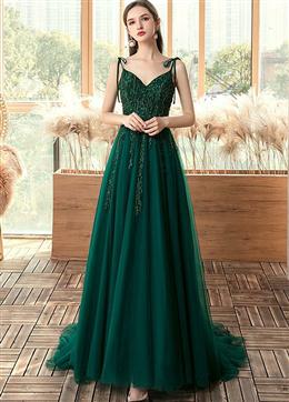 Picture of Dark Green Lace Applique and Beaded V-neckline Party Dresses, A-line Tulle Evening Dresses